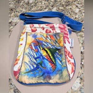 Guy Harvey Multicolor Fish Canvas Crossbody with Blue Strap